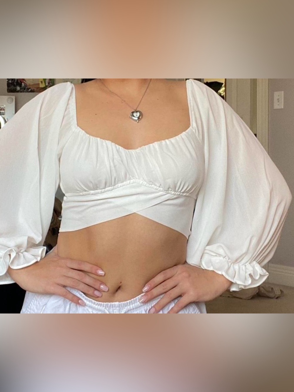 White Fox Boutique White Puff-Sleeve Cropped Wrap Top size s